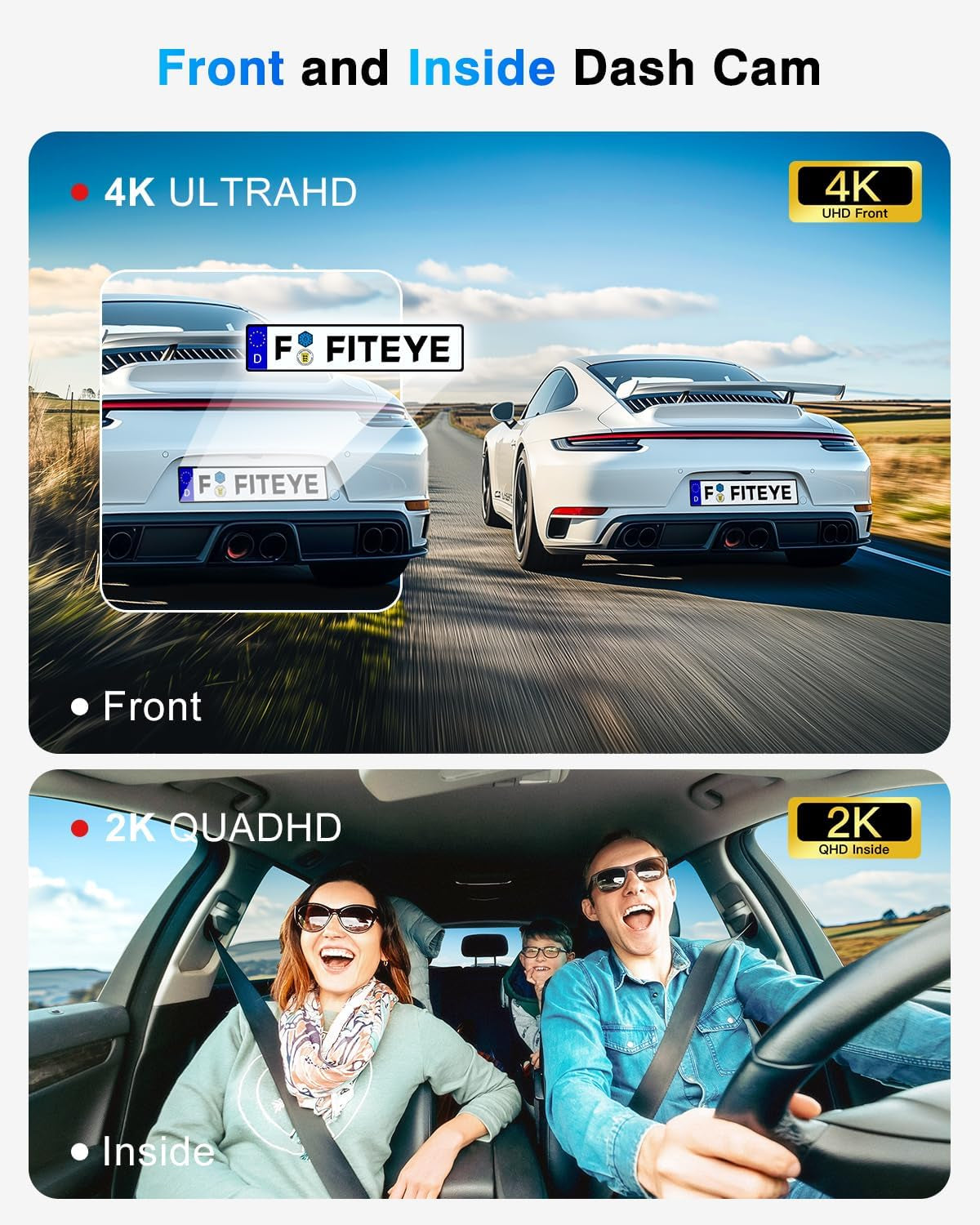 3 Channel 4K Dash Cam, IMX335 STARVIS Sensor, 4K+2K Front and Inside, 2K+1080P+1080P Front and Rear inside Dash Camera for Cars, Free 64GB Card, Built in Wifi GPS, Intelligent Voice Control