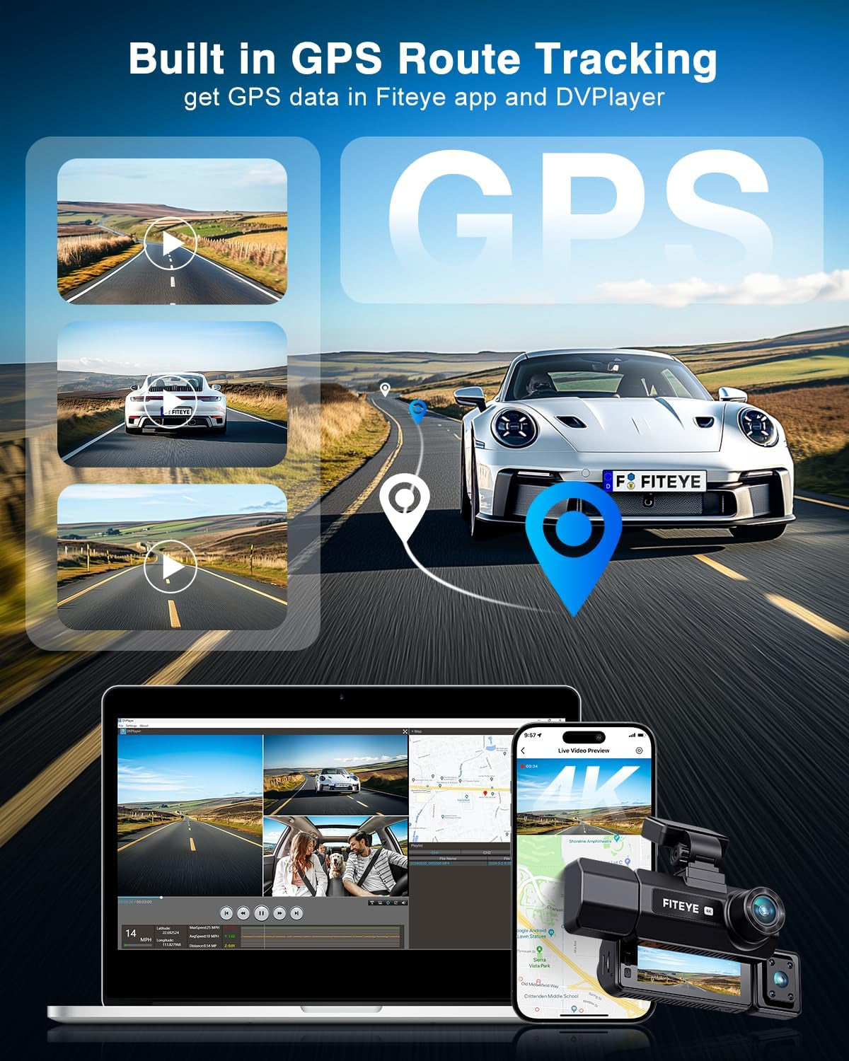 3 Channel 4K Dash Cam, IMX335 STARVIS Sensor, 4K+2K Front and Inside, 2K+1080P+1080P Front and Rear inside Dash Camera for Cars, Free 64GB Card, Built in Wifi GPS, Intelligent Voice Control